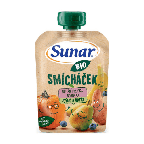 SUNAR Bio ovocná kapsička smícháček banán hruška tekvica batáty a čučoriedky 100 g 1