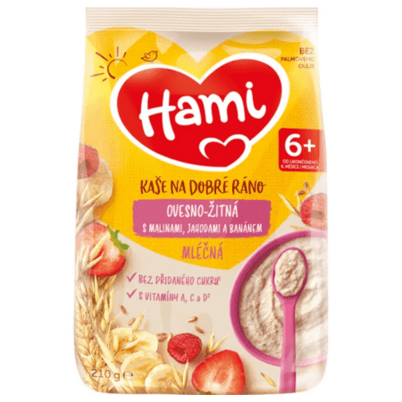 HAMI Mliečna kaša ovseno-ražná maliny jahody banán 210 g 1